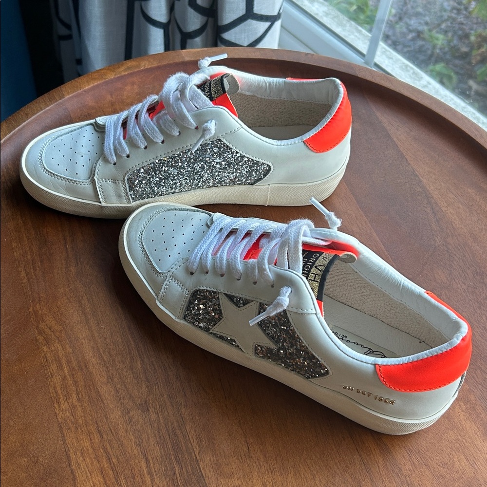 Vintage Havana White Sneakers with Silver and Neon Orange Accents